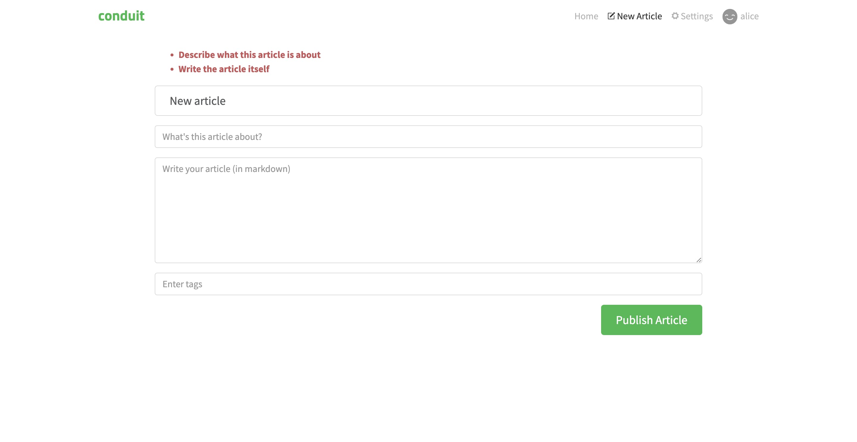 The Conduit article editor, with the title field saying “New article” and the rest of the fields empty. Above the form there are two errors: “Describe what this article is about” and “Write the article itself”.